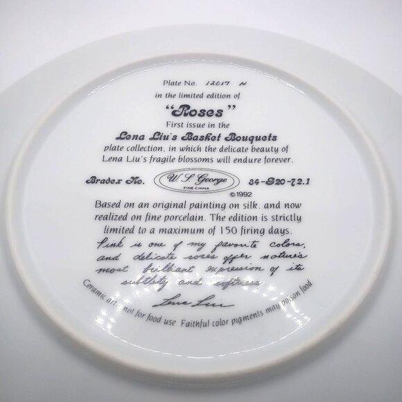 Lena Liu 1992 Plate 8" Porcelain Roses Basket Bouquets Gold Trim Limited Edition - Picture 6 of 8